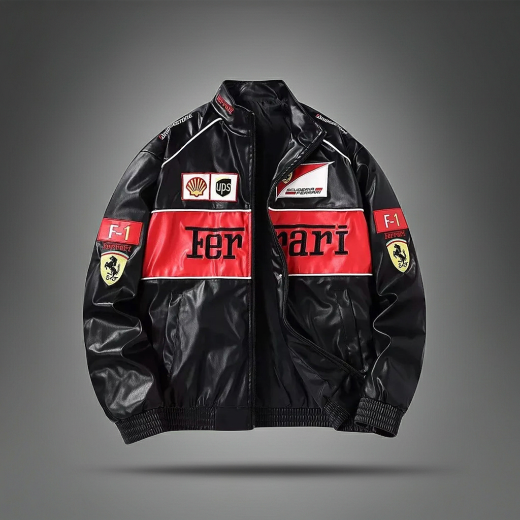 Ferrari F1 Leather Jacket | Motorsport-Inspired Streetwear | Pop