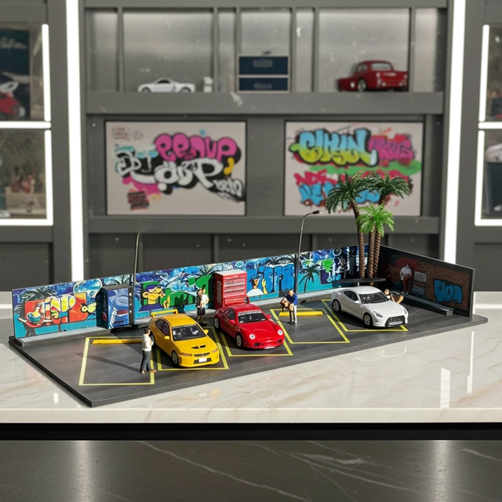 Scène de parking avec graffiti