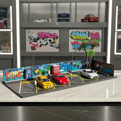 Scène de parking avec graffiti