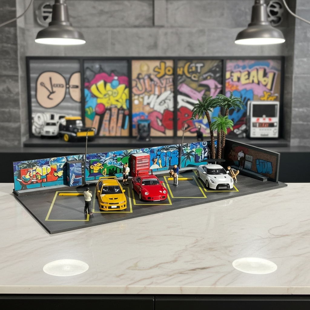 Scène de parking avec graffiti